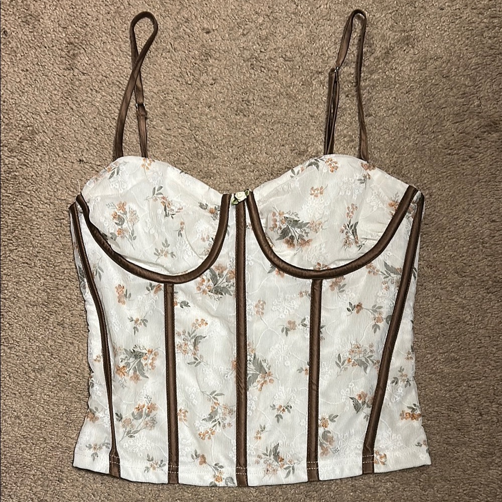 Cream and Brown Sleeveless Corset Top